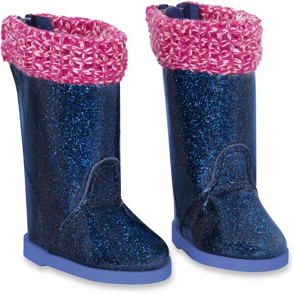 Glitzernde Mädchen-Stiefeletten mit blauem Glitzer und rosa Besatz für 14-Zoll-Puppen