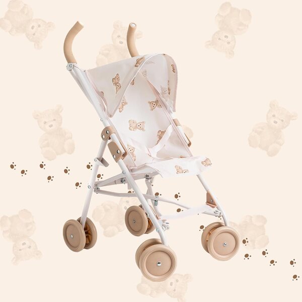 Kinderwagen Roma Teddy XL für Puppen bis 42 cm mit beigem ausziehbarem Verdeck
