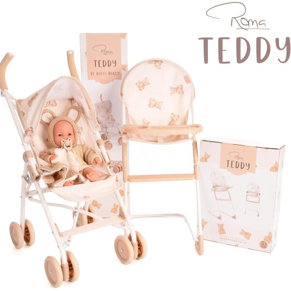 Kinderwagen Roma Teddy XL für Puppen bis 42 cm mit beigem ausziehbarem Verdeck