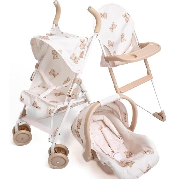 Kinderwagen Roma Teddy XL für Puppen bis 42 cm mit beigem ausziehbarem Verdeck