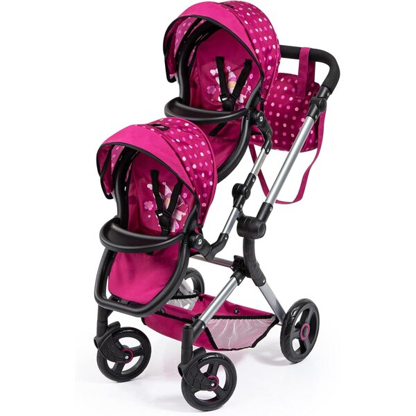 Kaksinkertaiset rattaat Dolls Bayer Pram Neo Twin Hot Pink, pilkuilla, taitettava ja säädettävä kahva