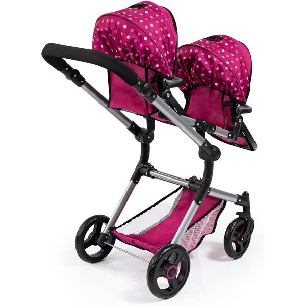 Doppelkinderwagen für Puppen Bayer Kinderwagen Neo Twin Hot Pink mit Polka Dots, klappbarer und verstellbarer Griff