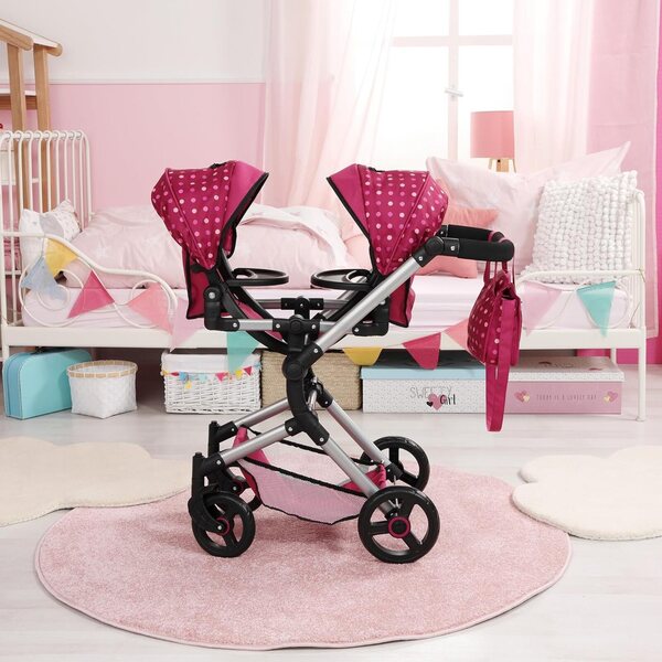Doppelkinderwagen für Puppen Bayer Kinderwagen Neo Twin Hot Pink mit Polka Dots, klappbarer und verstellbarer Griff