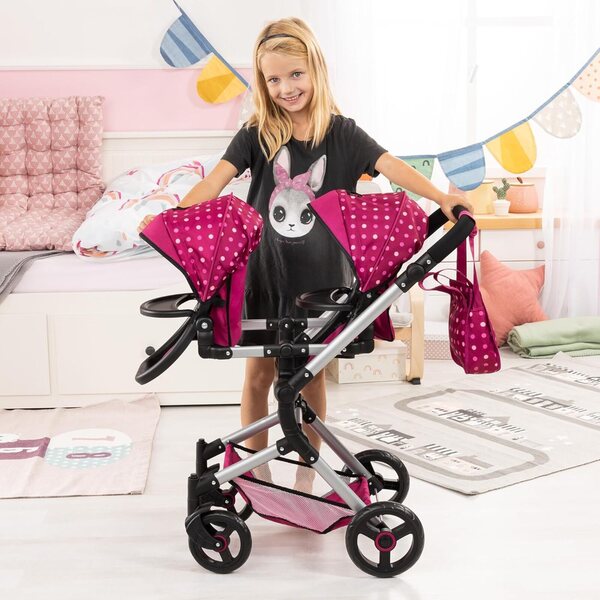 Doppelkinderwagen für Puppen Bayer Kinderwagen Neo Twin Hot Pink mit Polka Dots, klappbarer und verstellbarer Griff