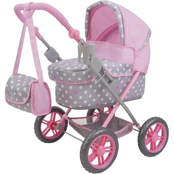 509 Crew: Cotton Candy Pink: Amanda Doll Pram - Pink, Grey, Polka Dot - W/Matching Handbag, Foldable, Removable Bassinet, Kids Pretend Play, Ages 3+