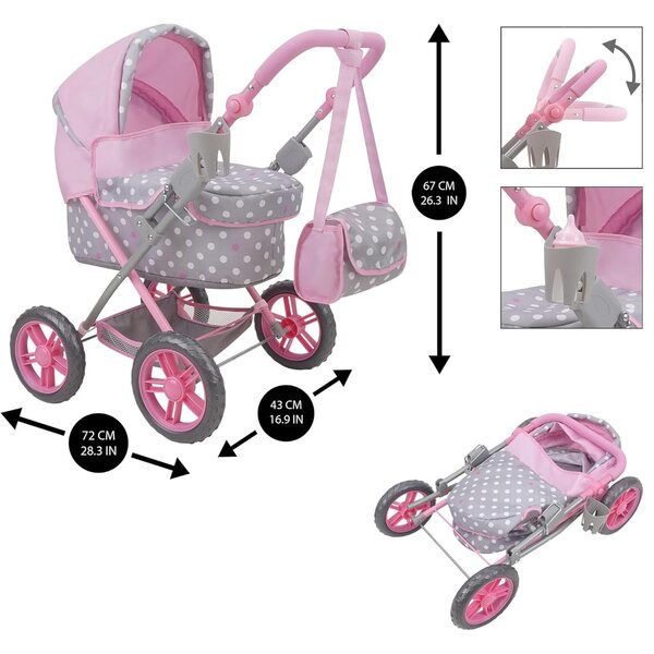 509 Crew: Cotton Candy Pink: Amanda Doll Pram - Pink, Grey, Polka Dot - W/Matching Handbag, Foldable, Removable Bassinet, Kids Pretend Play, Ages 3+