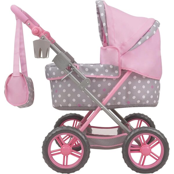 509 Crew: Cotton Candy Pink: Amanda Doll Pram - Pink, Grey, Polka Dot - W/Matching Handbag, Foldable, Removable Bassinet, Kids Pretend Play, Ages 3+
