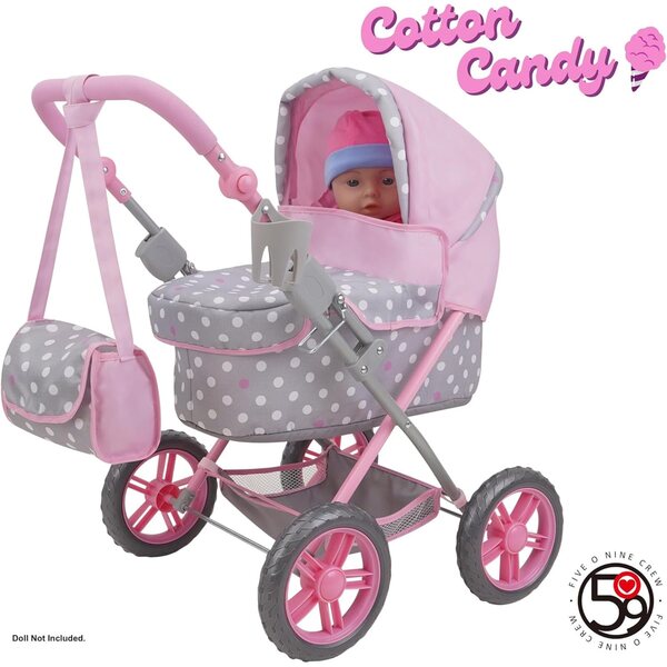 509 Crew: Cotton Candy Pink: Amanda Doll Pram - Pink, Grey, Polka Dot - W/Matching Handbag, Foldable, Removable Bassinet, Kids Pretend Play, Ages 3+