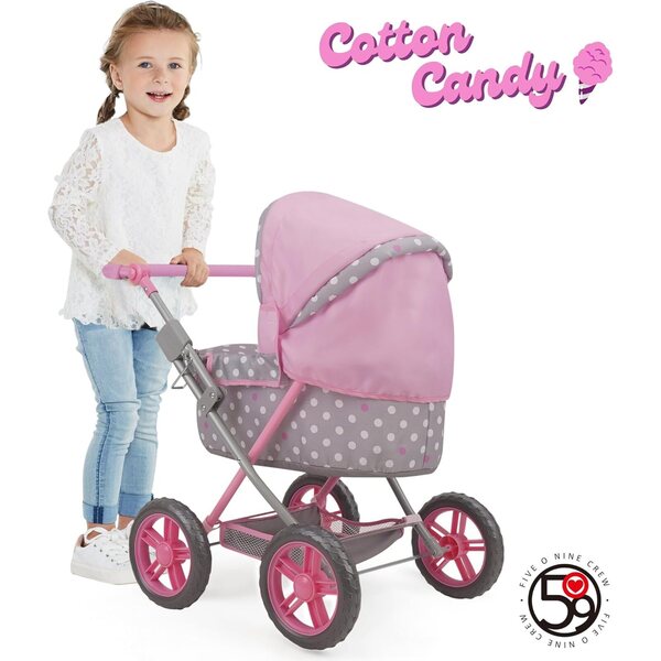 509 Crew: Cotton Candy Pink: Amanda Doll Pram - Pink, Grey, Polka Dot - W/Matching Handbag, Foldable, Removable Bassinet, Kids Pretend Play, Ages 3+