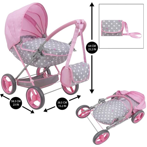 509 Crew Deluxe Kinderwagen für 18'' Puppen in Rosa und Grau mit passender Tasche