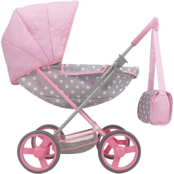 509 Crew Deluxe Kinderwagen für 18'' Puppen in Rosa und Grau mit passender Tasche