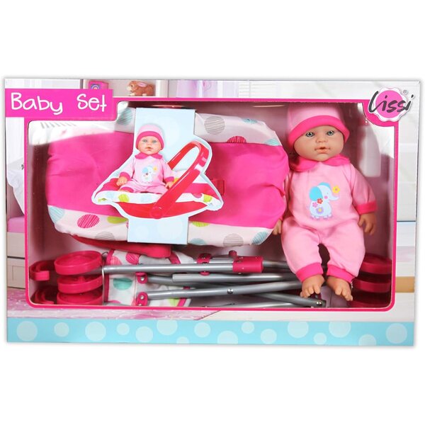 Lissi 12-Zoll-Puppenset mit faltbarem Autositz und Kinderwagen in Pink Polka Dot