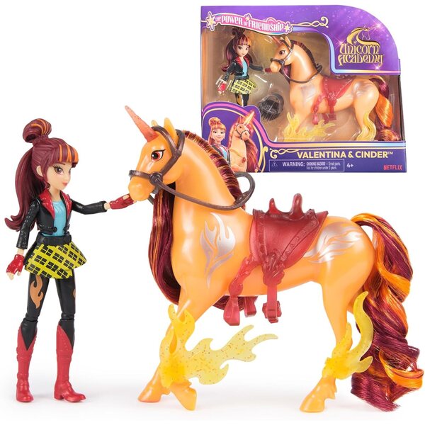 Conjunto Unicorn Academy Valentina & Cinder com cavalo e acessórios de iluminação para meninas 4+
