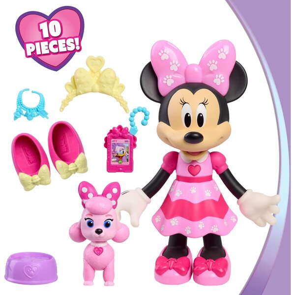 Disney Jr. Minnie Mouse Pet Fun Doll – 25 cm große Puppe mit Lichtern, Geräuschen und Zubehör