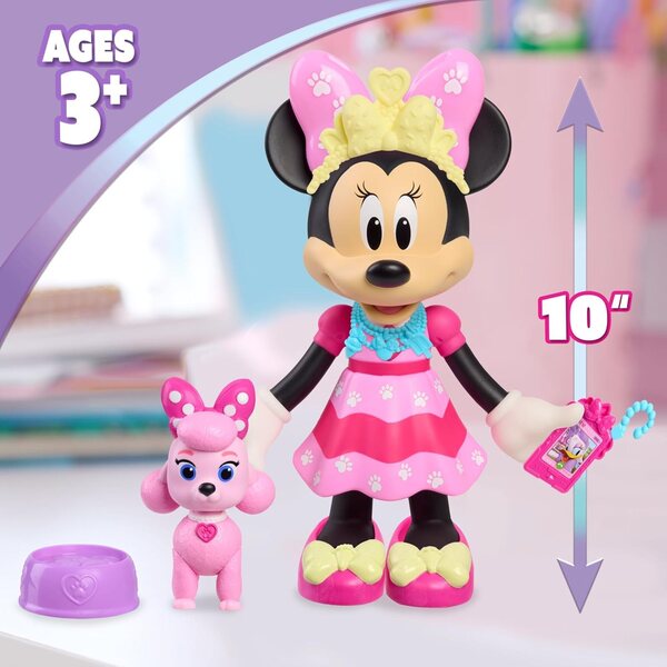 Disney Jr. Minnie Mouse Pet Fun Doll – 25 cm große Puppe mit Lichtern, Geräuschen und Zubehör