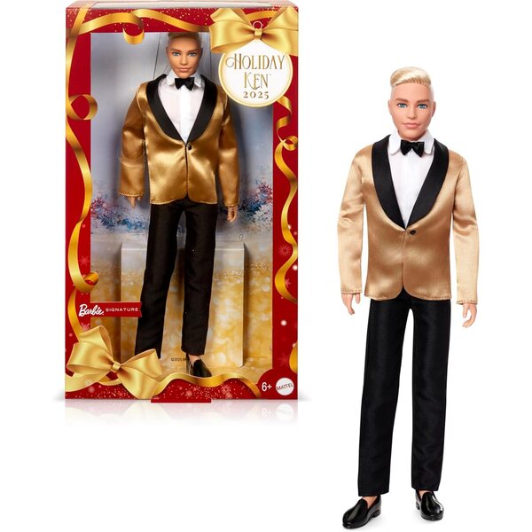 Brīvdienu lelle Barbie Signature Ken 2025 ar zelta uzvalku un kolekcionējamu iepakojumu