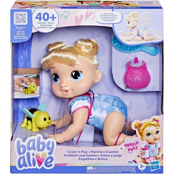 Baby Alive Harper Hugs Ηλεκτρονική κούκλα σέρνεται με 40 ήχους και αξεσουάρ